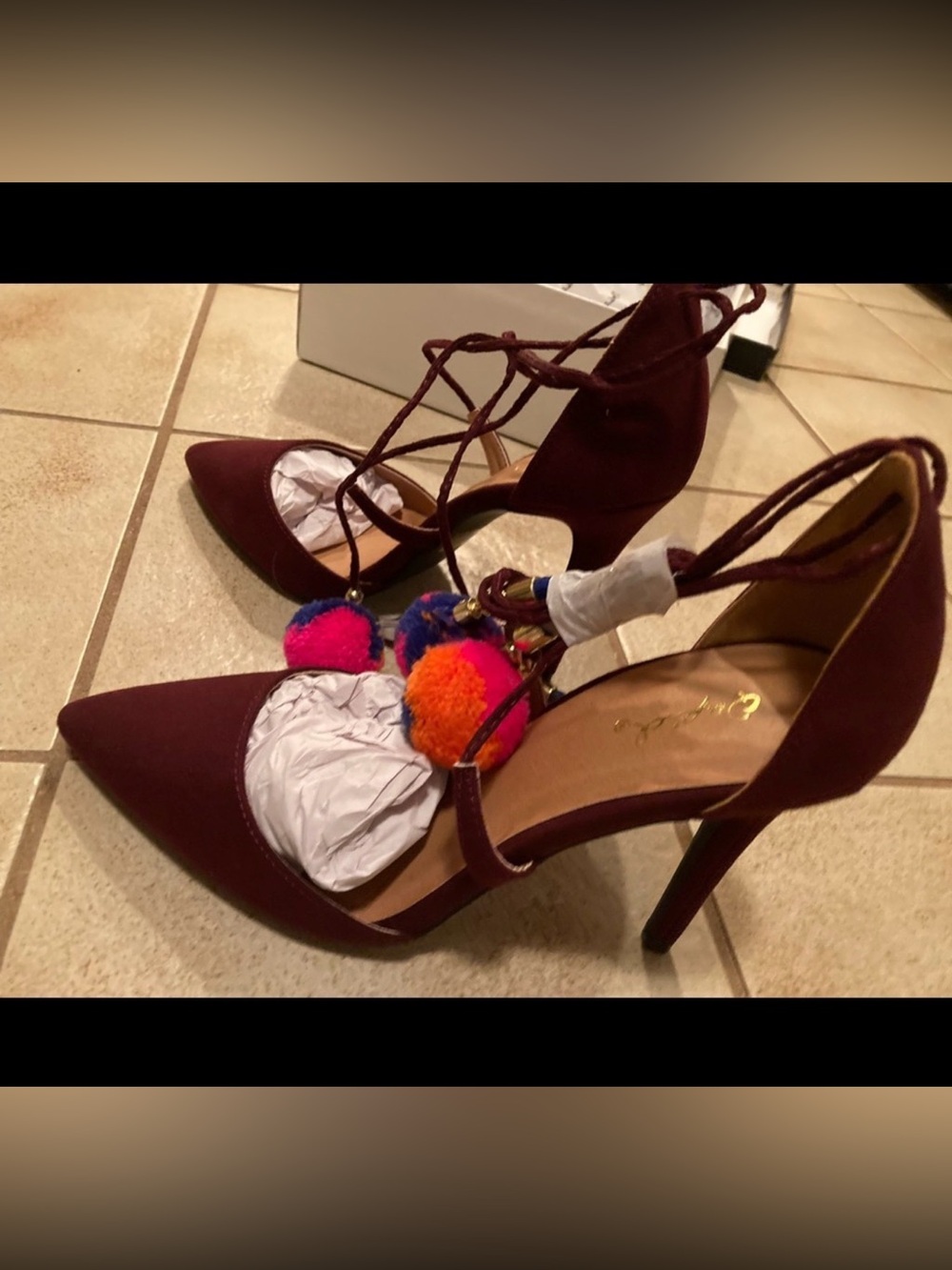 NIB Modcloth Burgundy Lace-Up Pointed Toe Heels with Pom Poms Size 8.5